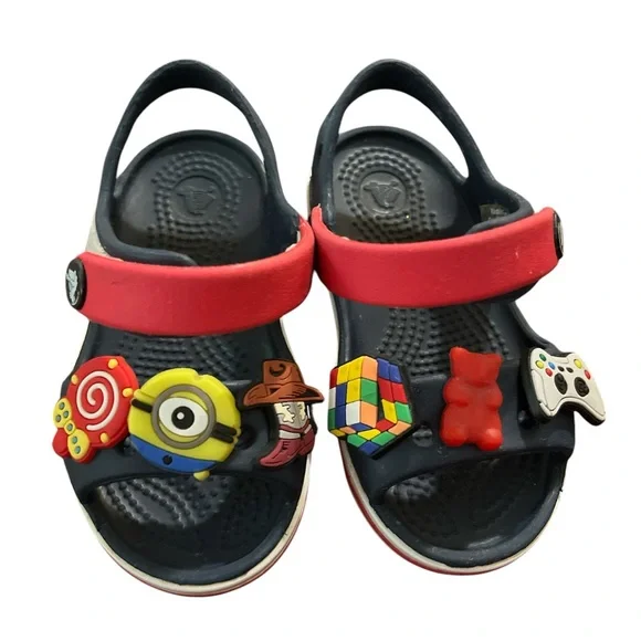 CROCS Kids Navy and Red Sandals with Colorful Charms - Picture 1 of 2